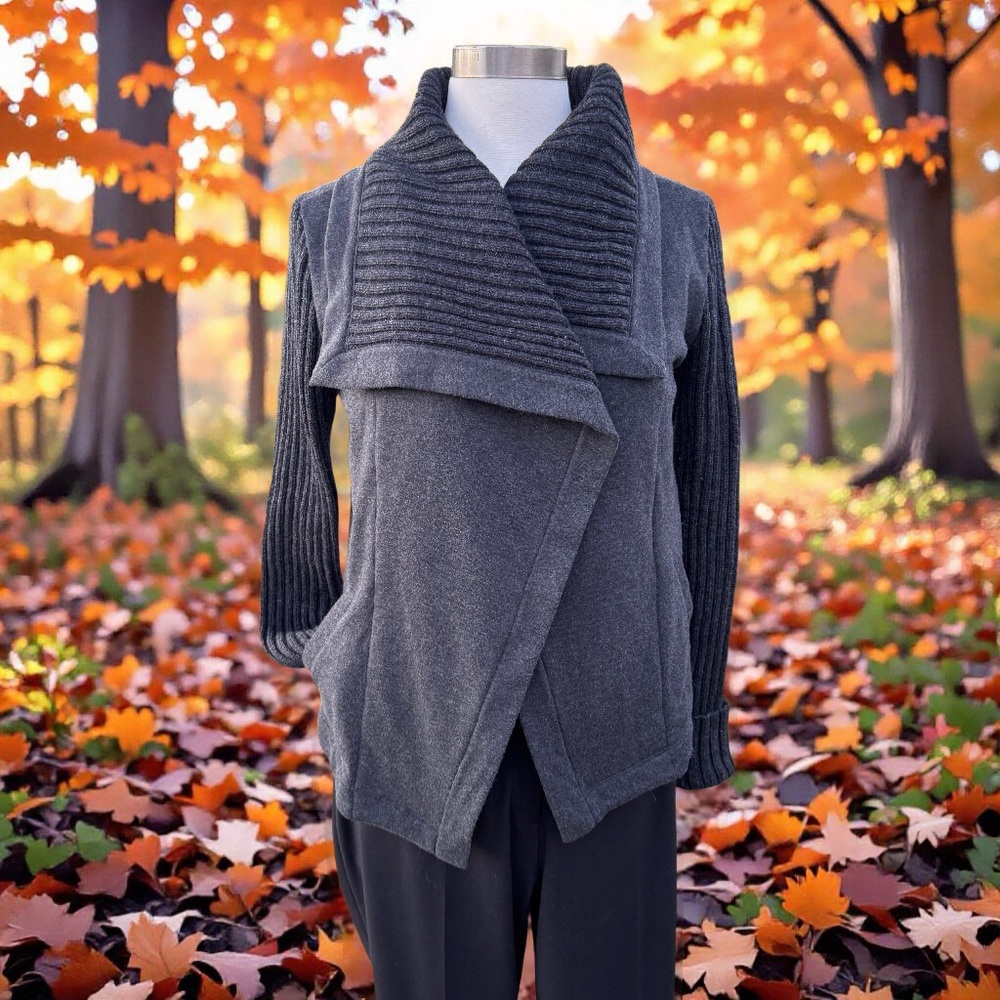 💖 Charcoal Gray LOFT Wrap Sweater Jacket, Rib-Knit Sleeves, Size XS